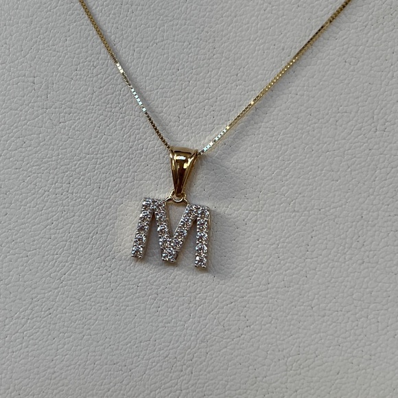 2pc set 14K Yellow Gold CZ M initial 16” inches 0.5mm Dainty Box chain necklace - Picture 7 of 12